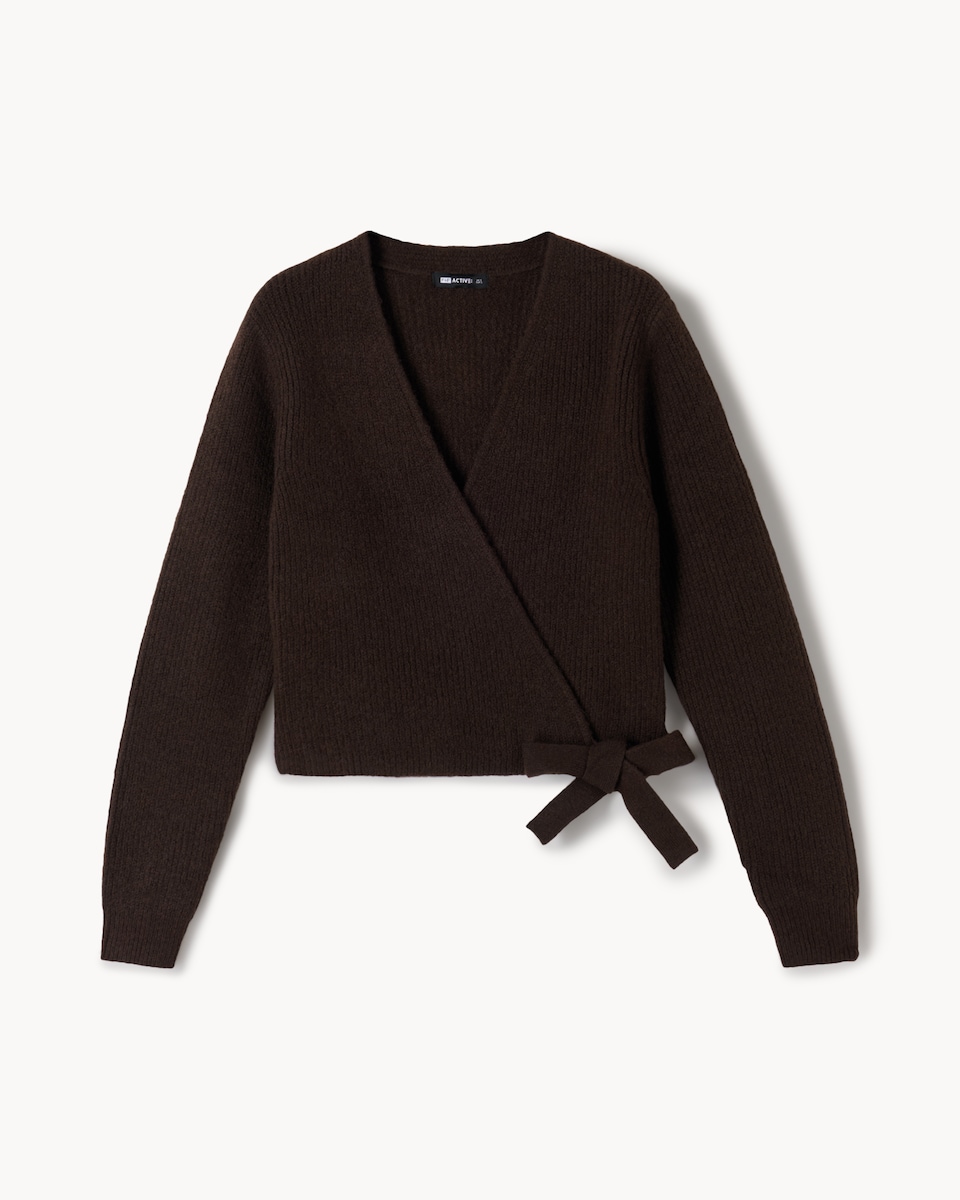 image 1 of F&F Active ULTRASTRETCH Knitted Wrap Long Sleeved Cardigan in Chocolate
