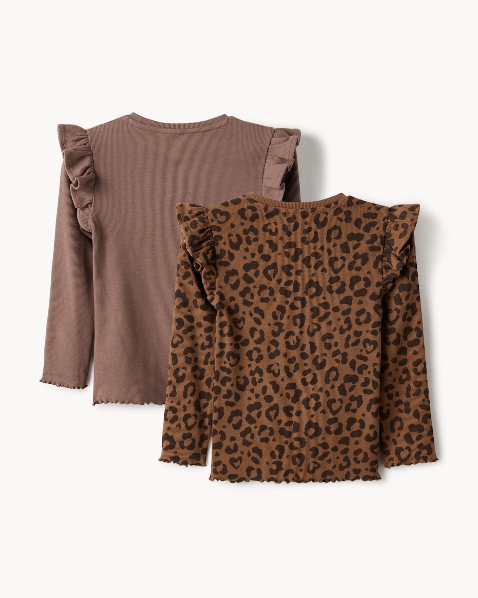 image 1 of F&F Girls 2-Pack Cotton Rich Ribbed Leopard Print Tops in Multi Brown