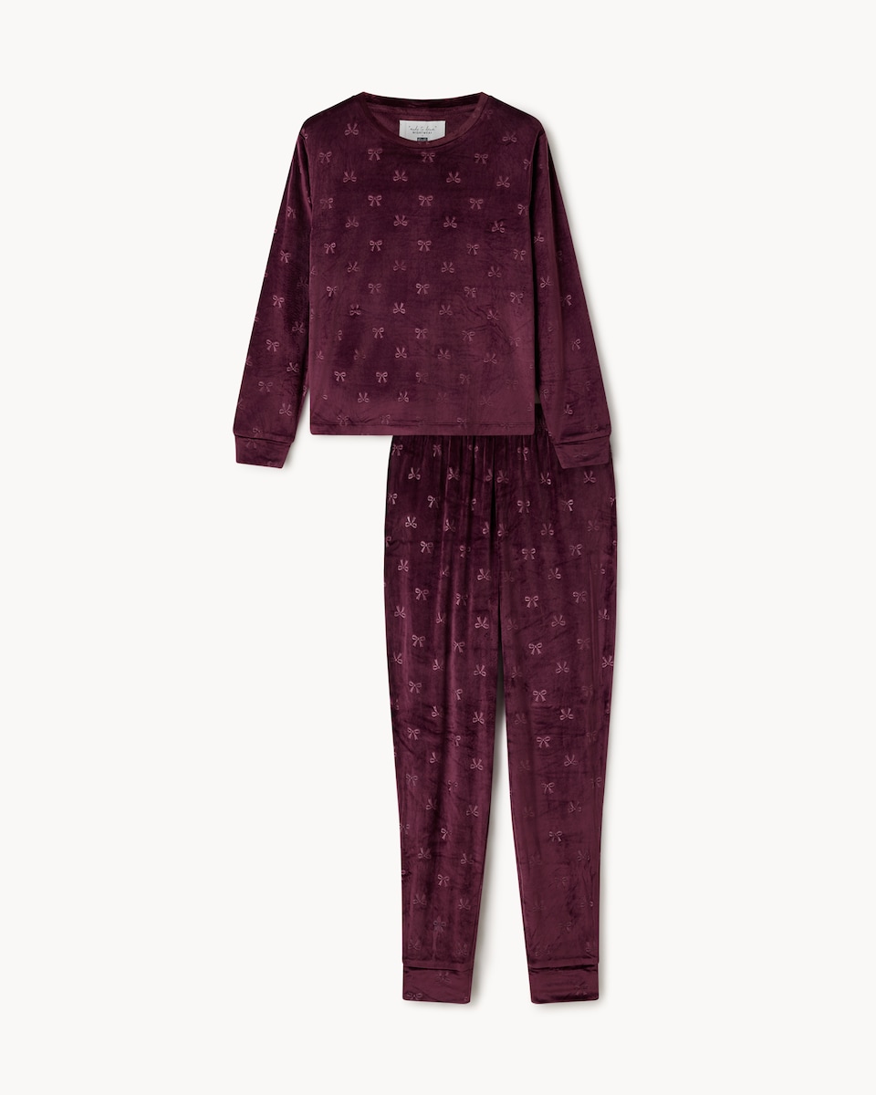 image 1 of F&F Fleece Bow Pyjama Set in Burgundy