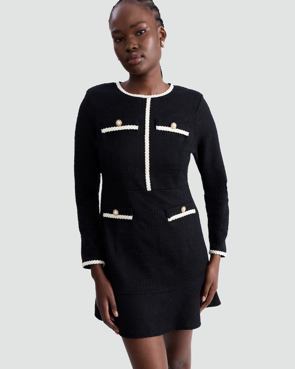 image 1 of F&F Boucle Textured Contrast Trim Long Sleeved Dress in Black