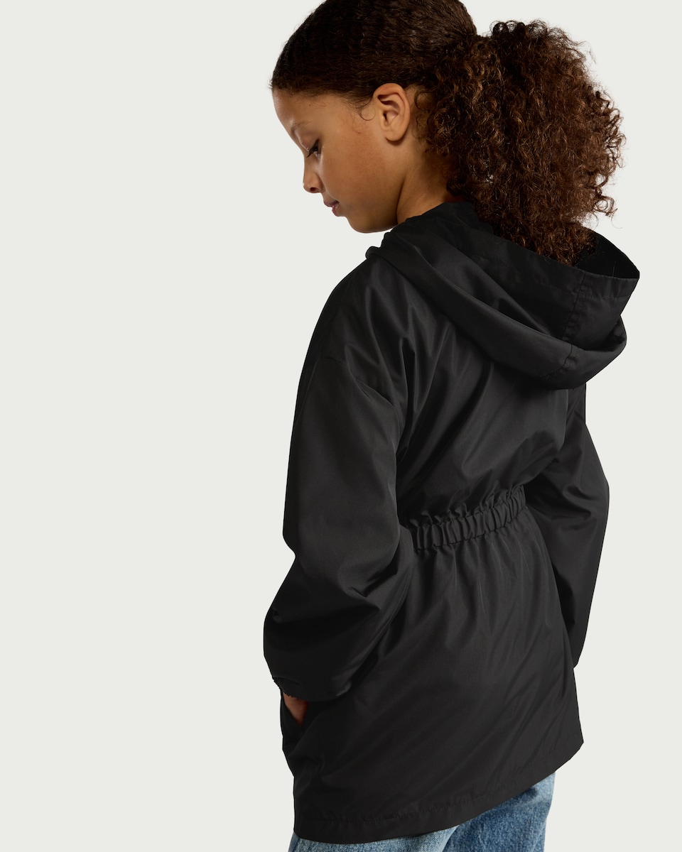 image 1 of F&F Girls Cinched Waist Hooded Raincoat in Black