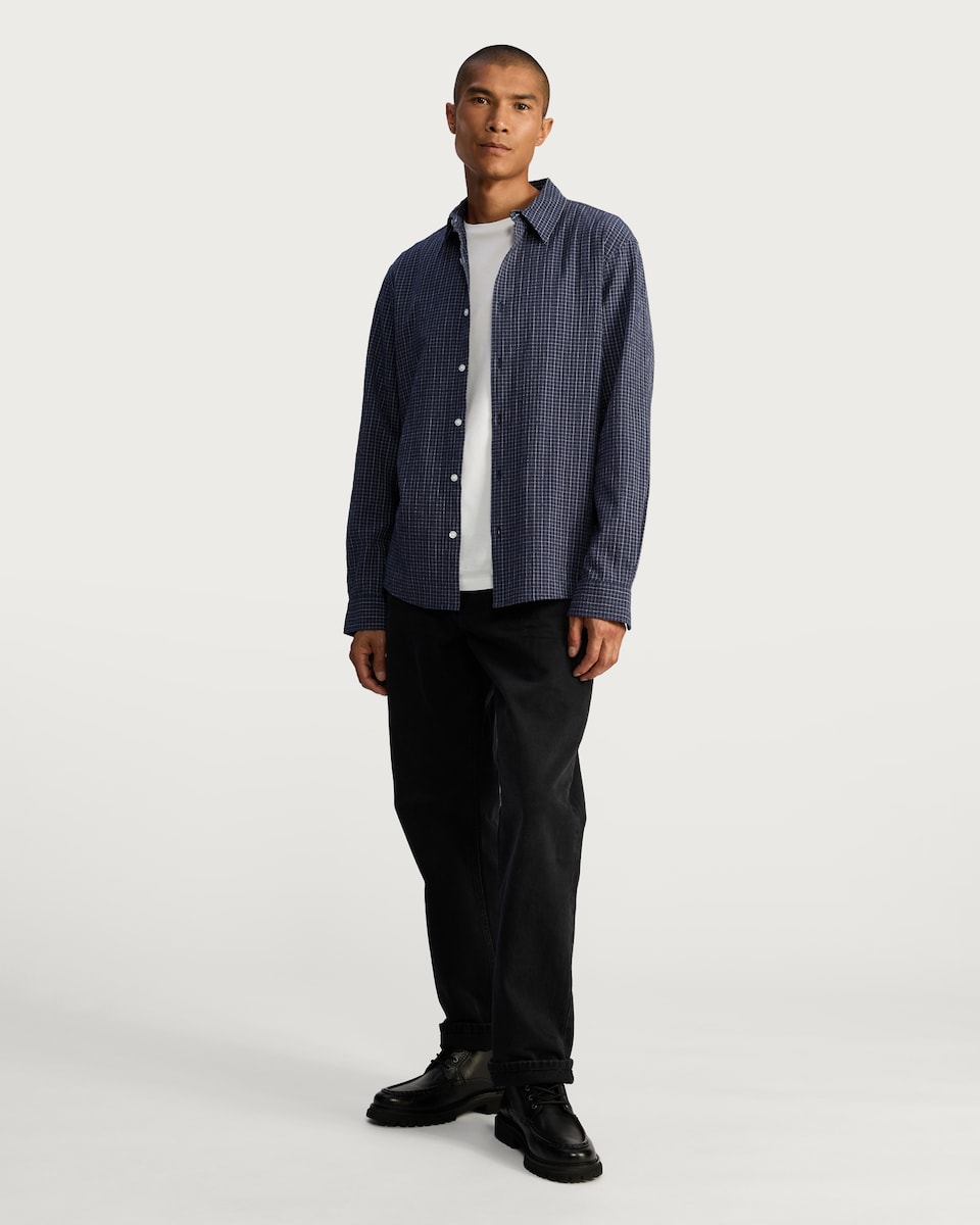 image 1 of F&F Cotton Rich Crinkle Check Print Long Sleeved Shirt in Navy