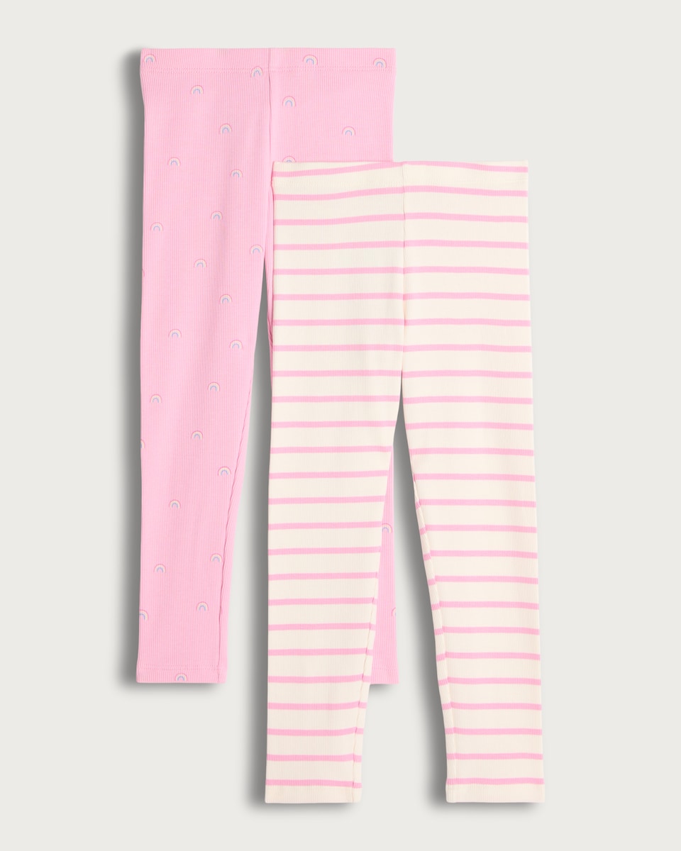 image 1 of F&F Girls 2-Pack Cotton Rich Patterned Leggings in Multi Pink