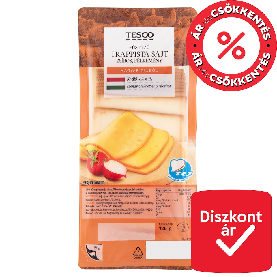 Tesco szeletelt, zsíros, félkemény, füst ízű trappista sajt 125 g