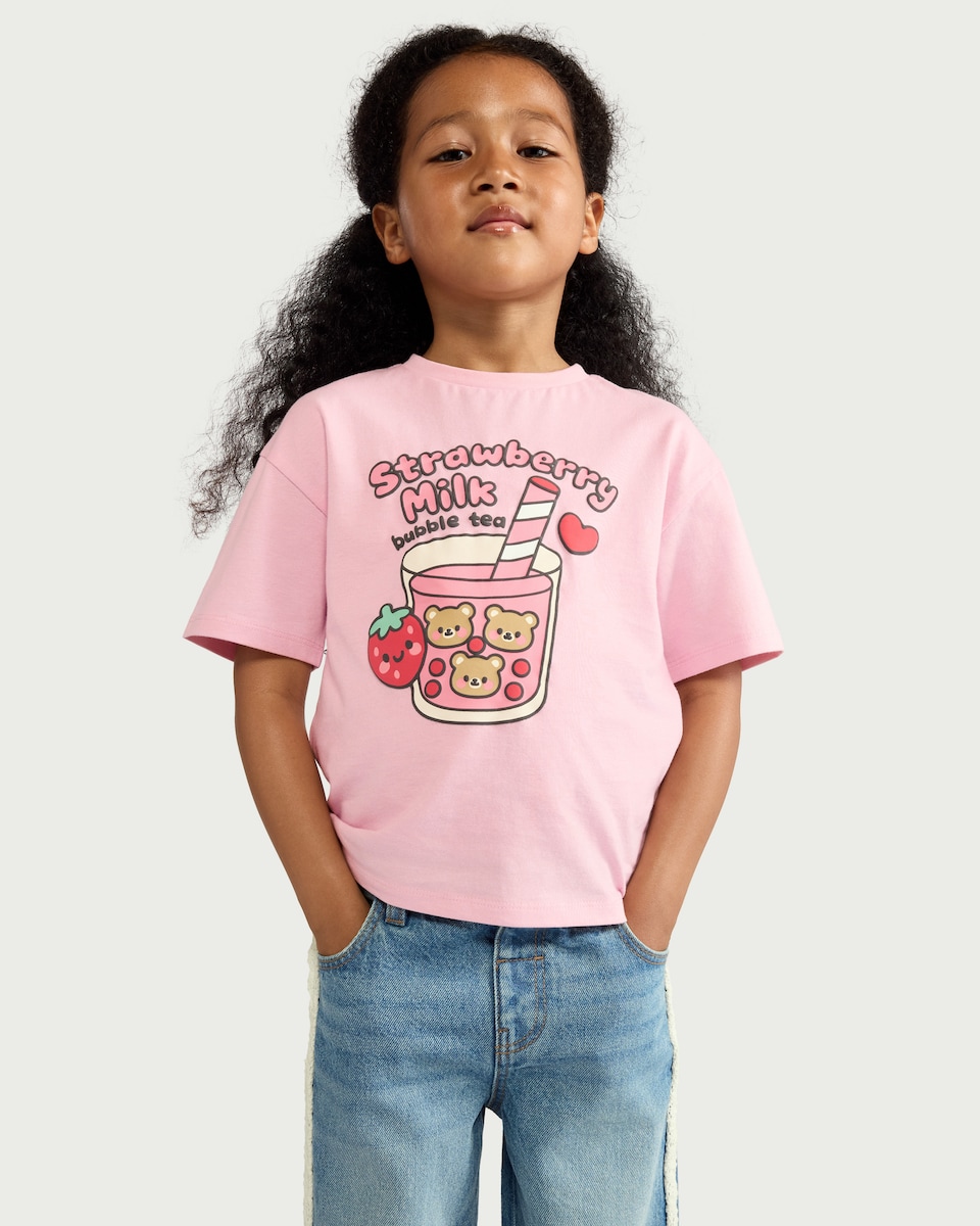 image 1 of F&F Girls Pure Cotton Bubble Tea T-Shirt in Pink
