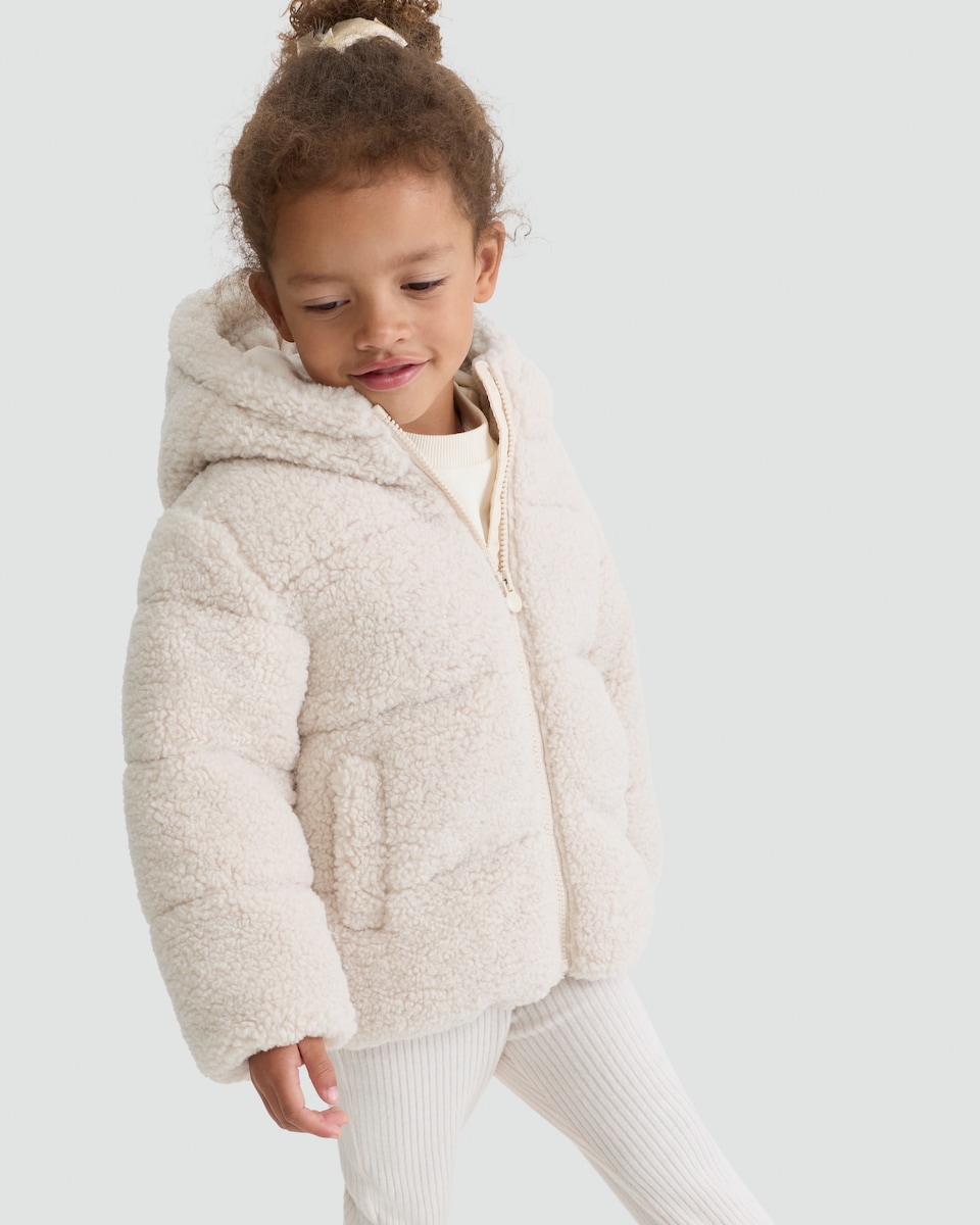 image 1 of F&F Girls Borg Textured Padded Hooded Jacket in Cream