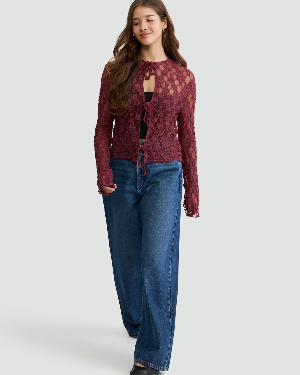 image 1 of OH ME OH MY Cotton Blend Lace Tie Front Top in Burgundy