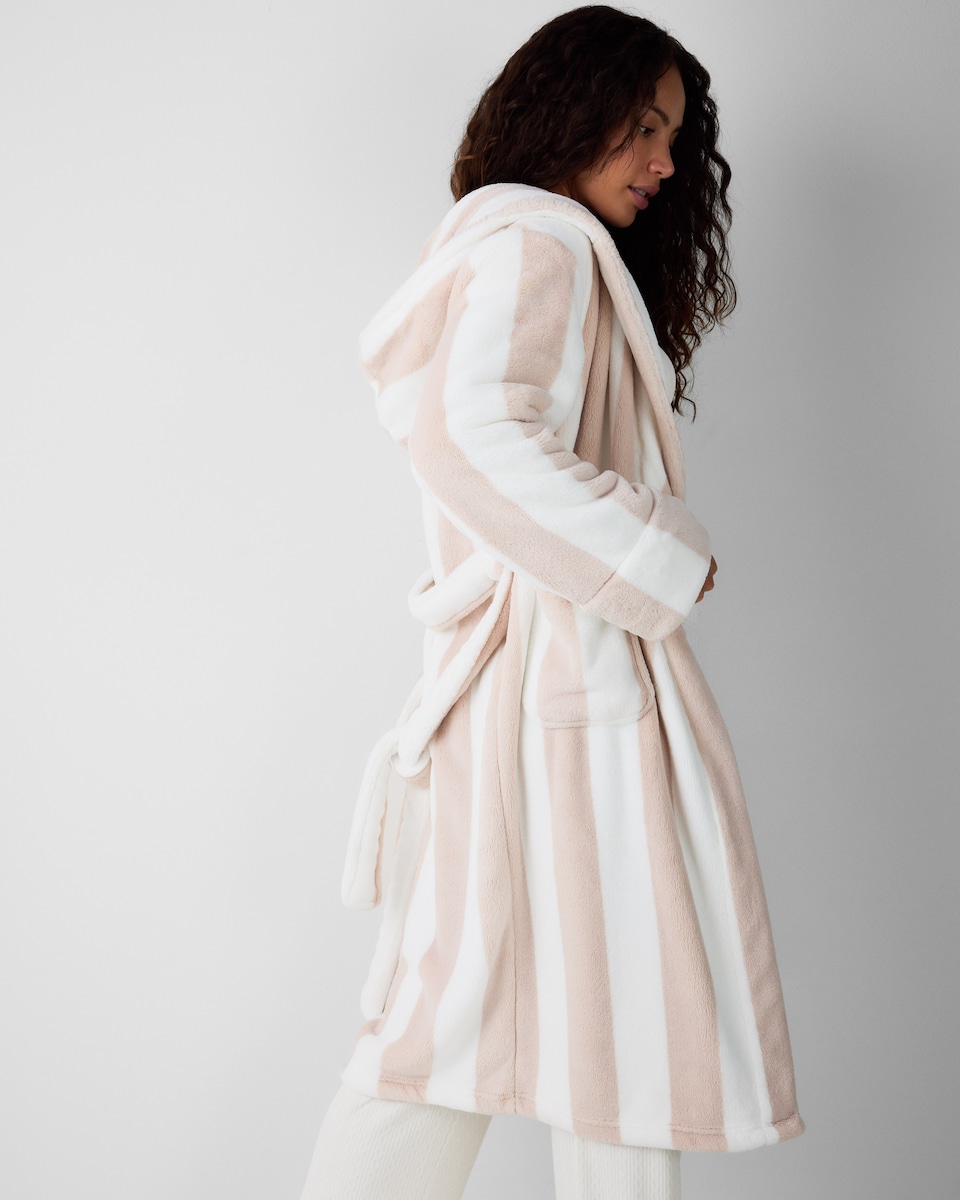 image 1 of F&F Fleece Striped Hooded Dressing Gown in Neutral