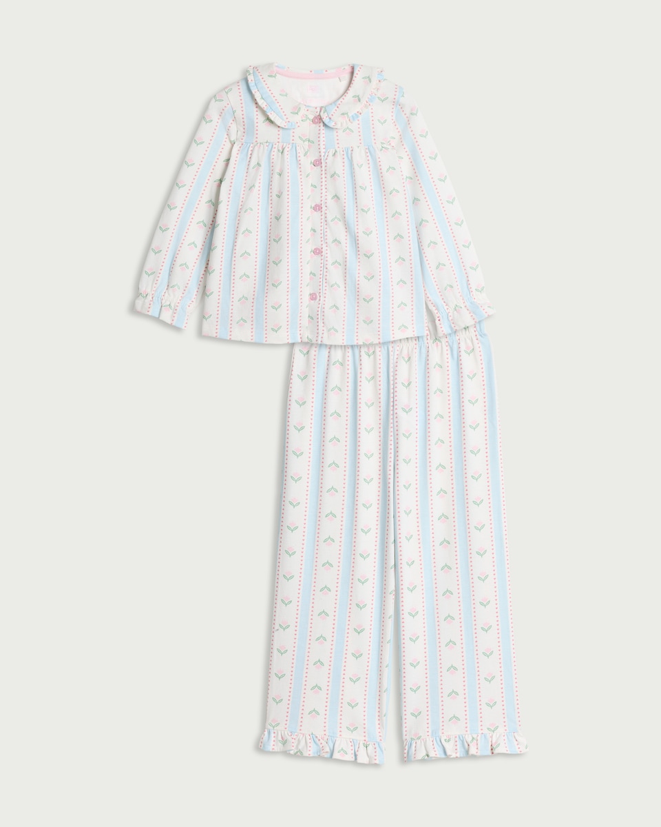 F&F Girls Striped Floral Print Revere Pyjama Set in Multi