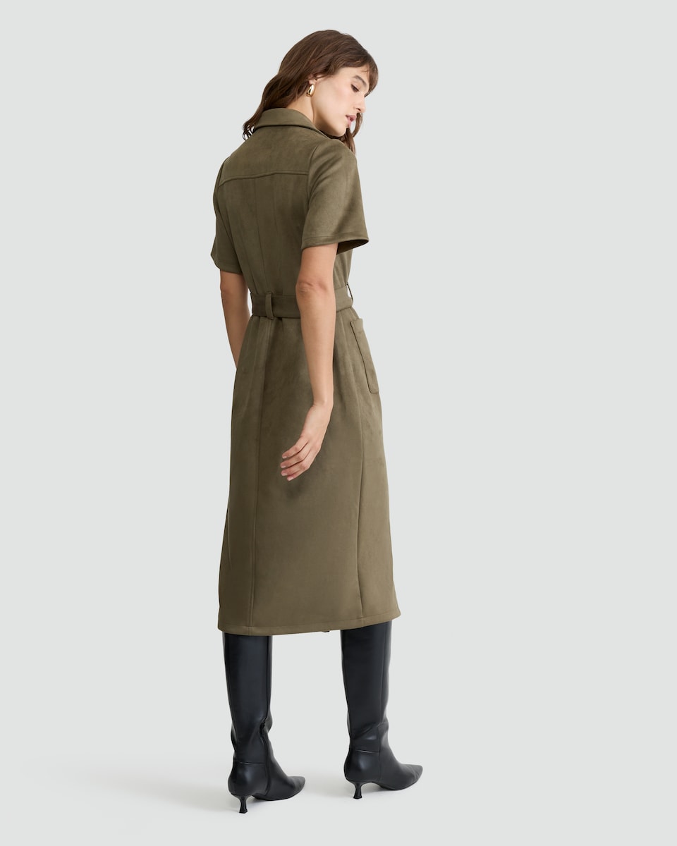 image 1 of F&F Faux Suede Belted Button Through Midi Dress in Olive