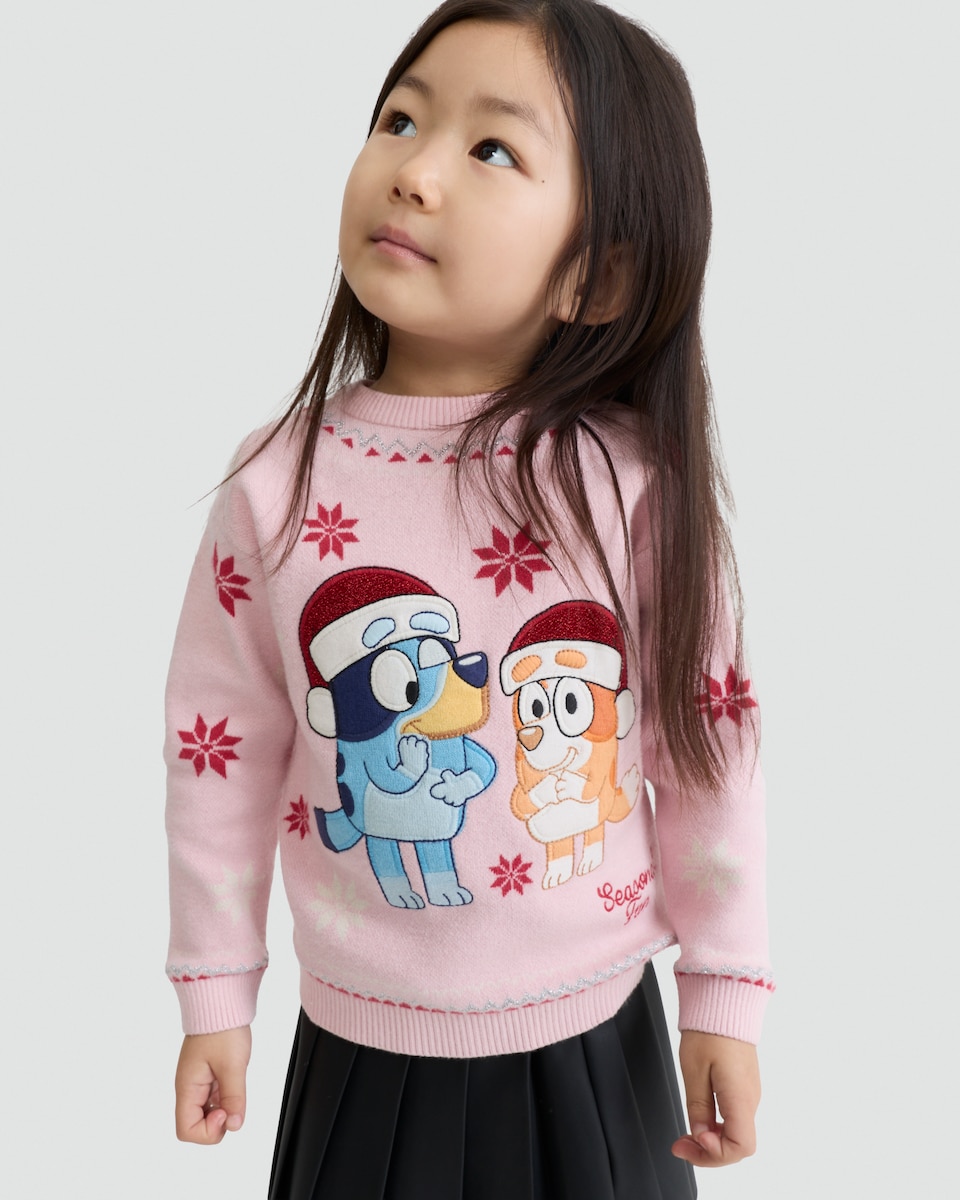 image 1 of Bluey Seasonal Fun Print Knitted Jumper in Pink