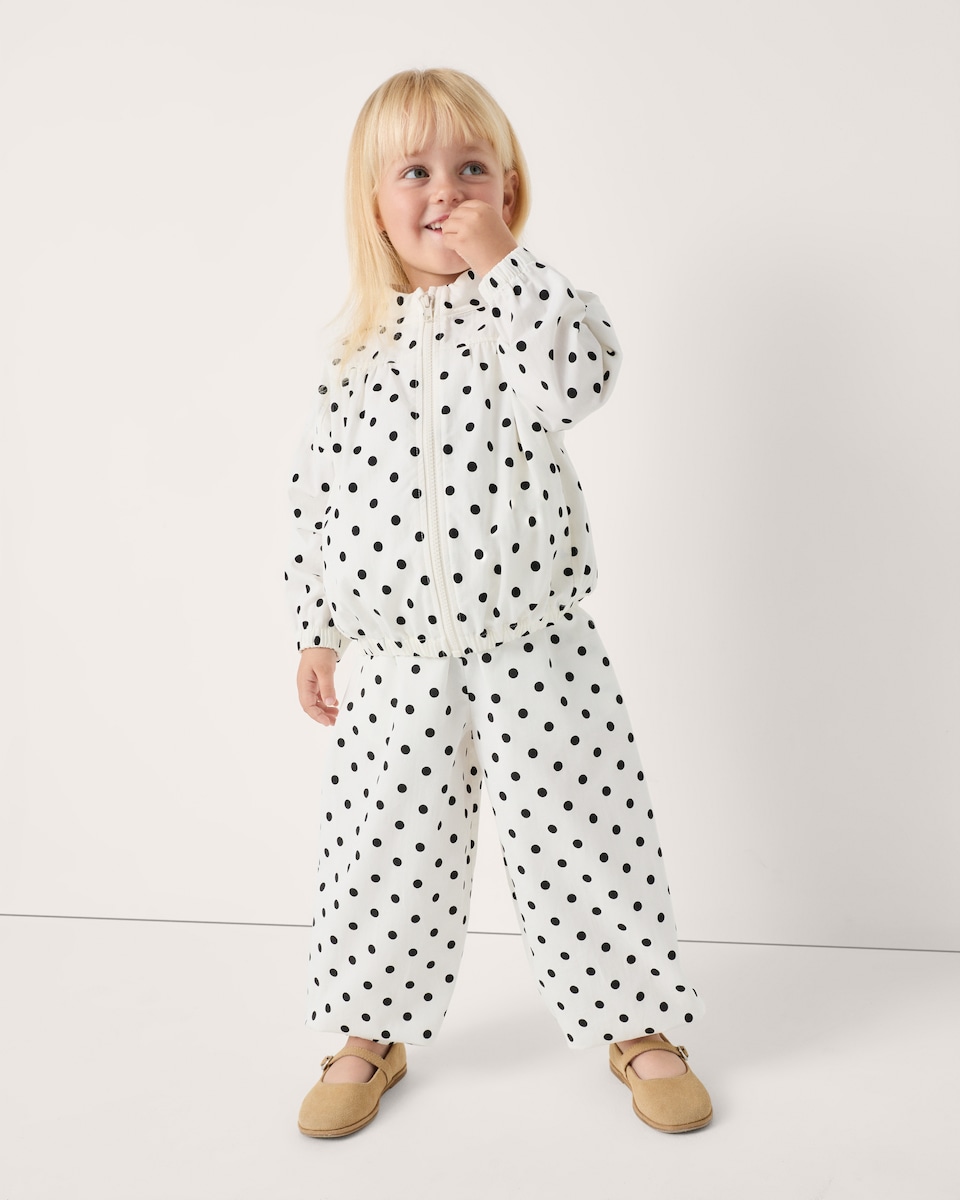 image 1 of F&F Girls Pure Cotton Polka Dot Funnel Neck Jacket in Cream