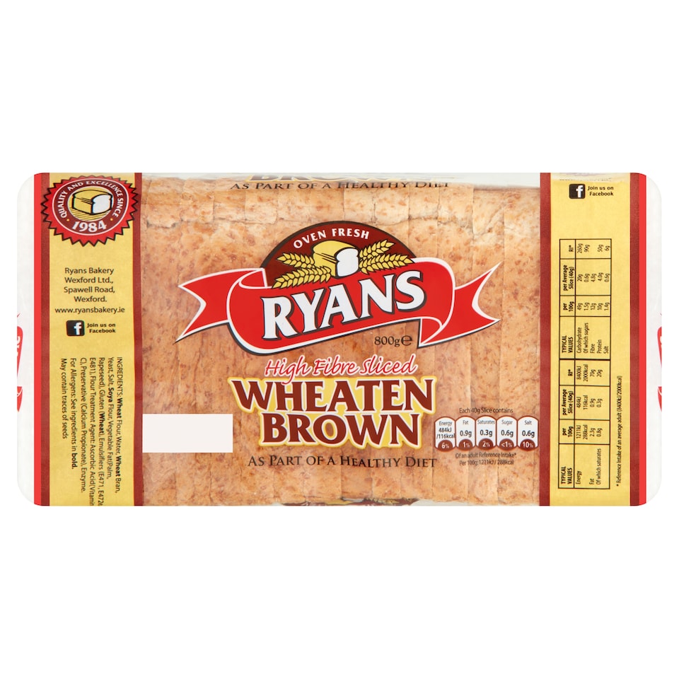 Ryans High Fibre Brown Sliced Pan 800G