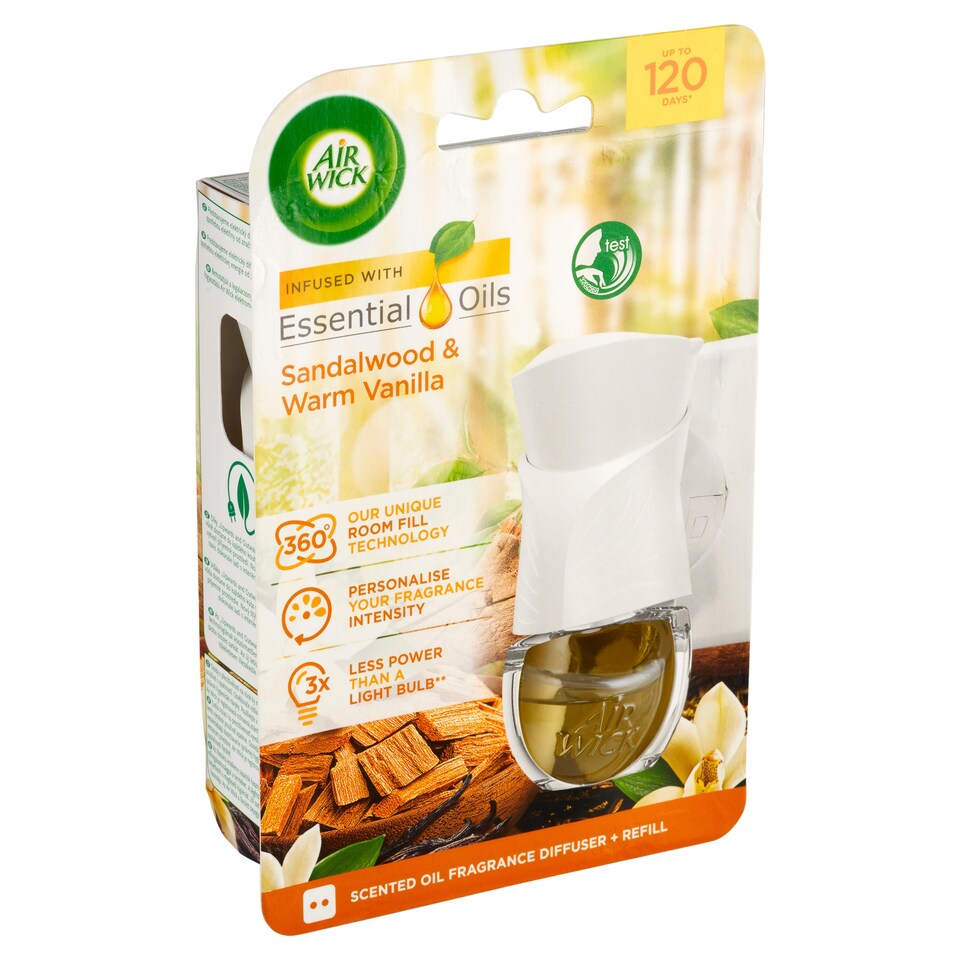 image 1 of Air Wick Essential Oils Scented Oil Fragrance Diffuser + Refill Sandalwood & Warm Vanilla 19ml