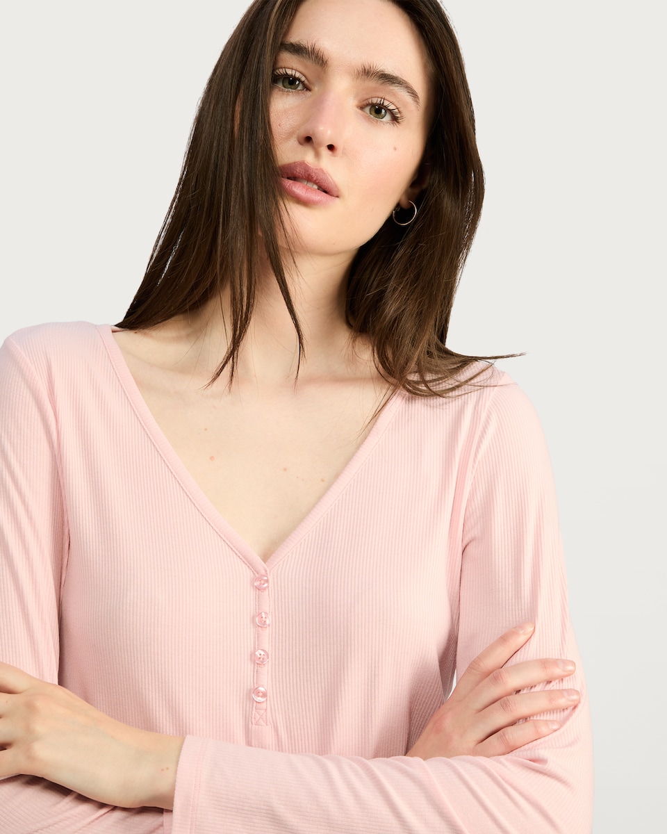 image 1 of F&F Ribbed Flannel Henley Top and Check Pyjama Set in Multi Pink