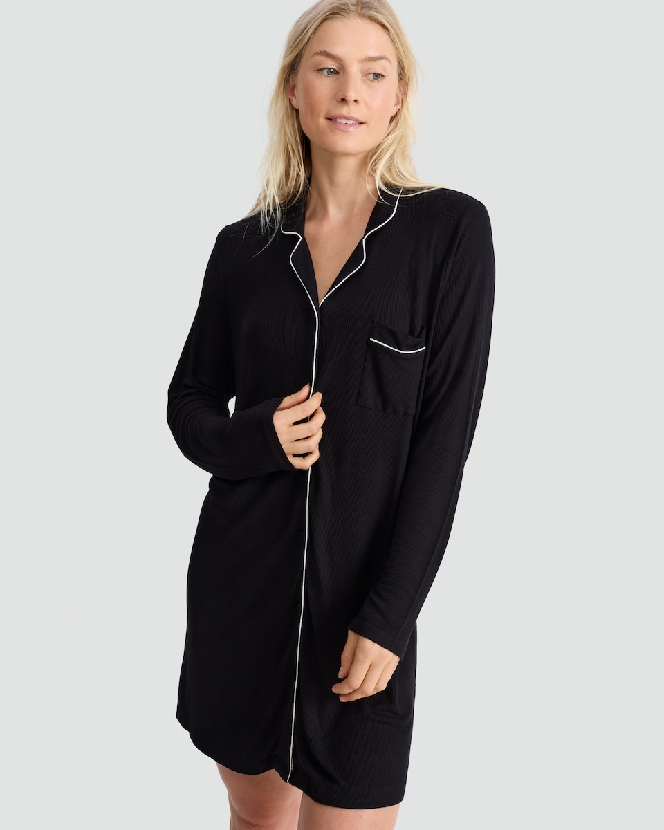 image 1 of F&F Contrast Piping Longline Pyjama Shirt in Black
