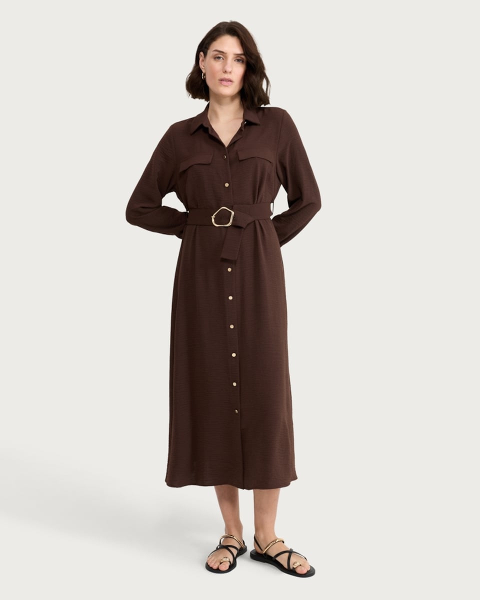 image 1 of F&F Belted Button Up Long Sleeved Midi Shirt Dress in Chocolate