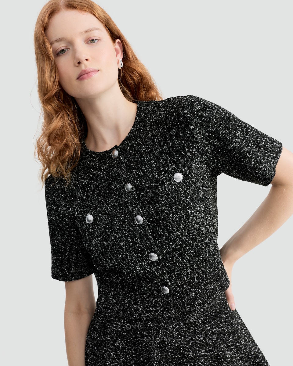 image 1 of F&F Boucle Textured Short Sleeved Jacket in Multi Black White
