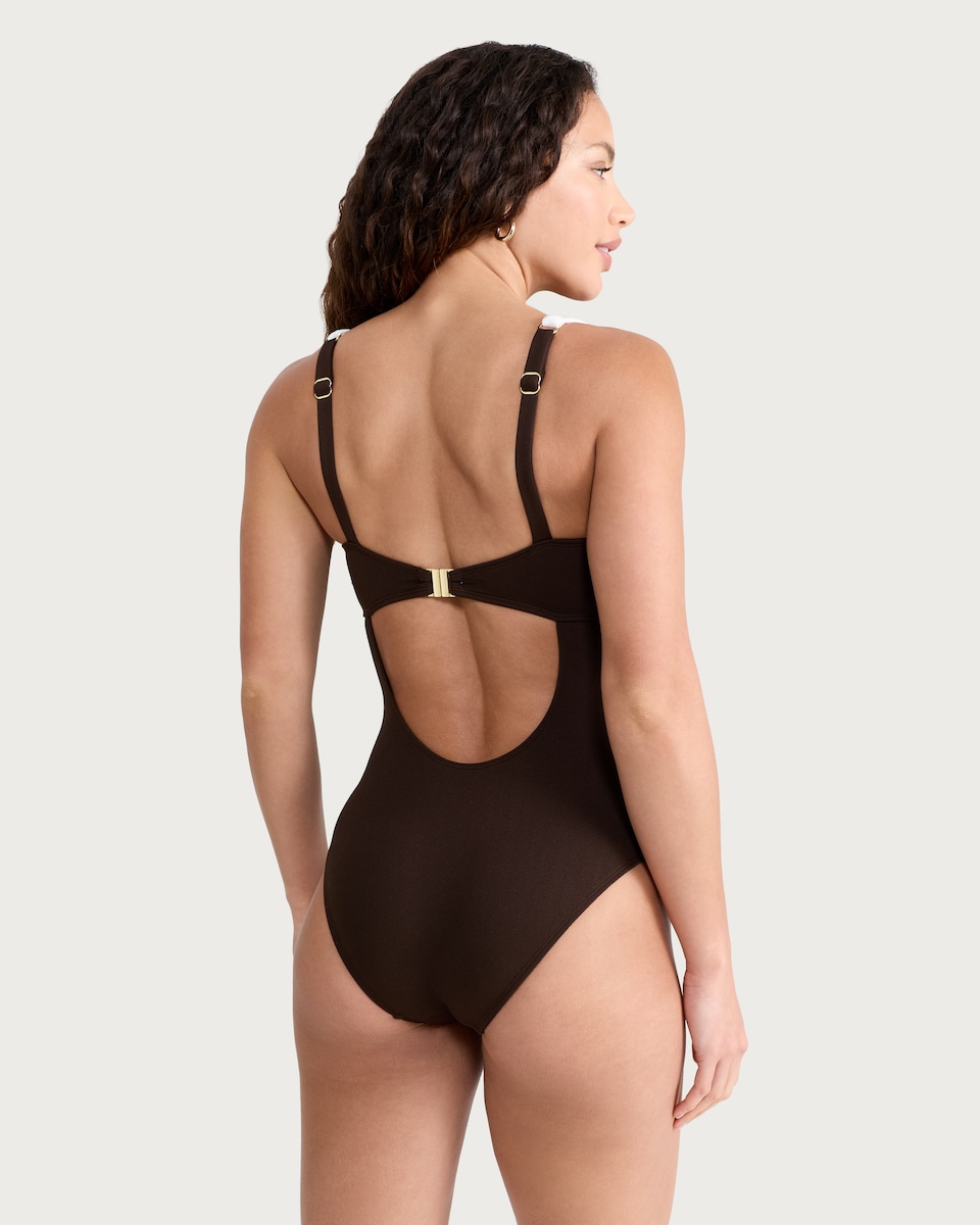 image 1 of F&F Textured Contrast Trim Metal Cut Out Swimsuit in Brown