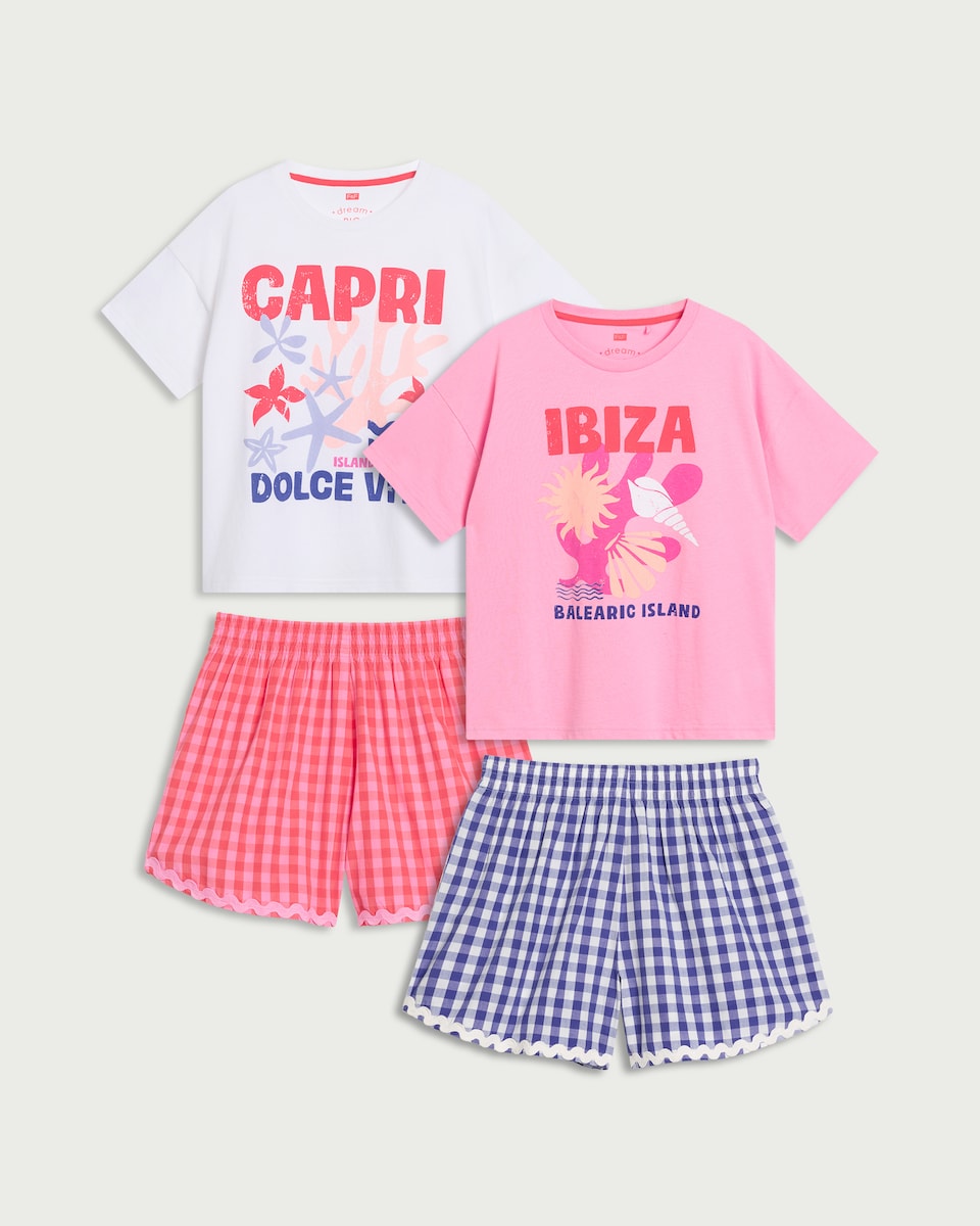 F&F Girls 2-Pack Pure Cotton Holiday Pyjama Sets in Multi