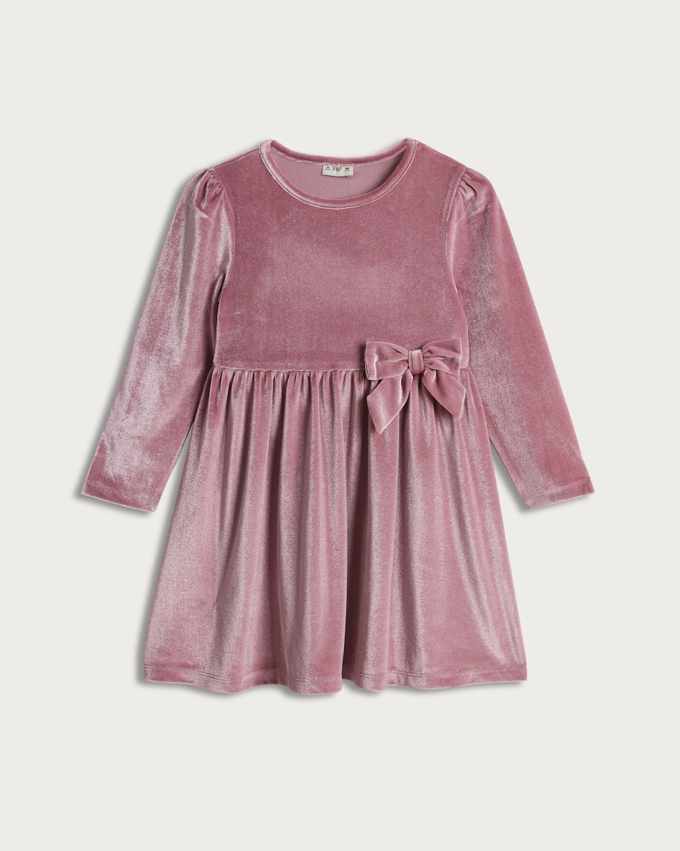 F&F Girls Velvet Bow Detail Long Sleeved Dress in Pink
