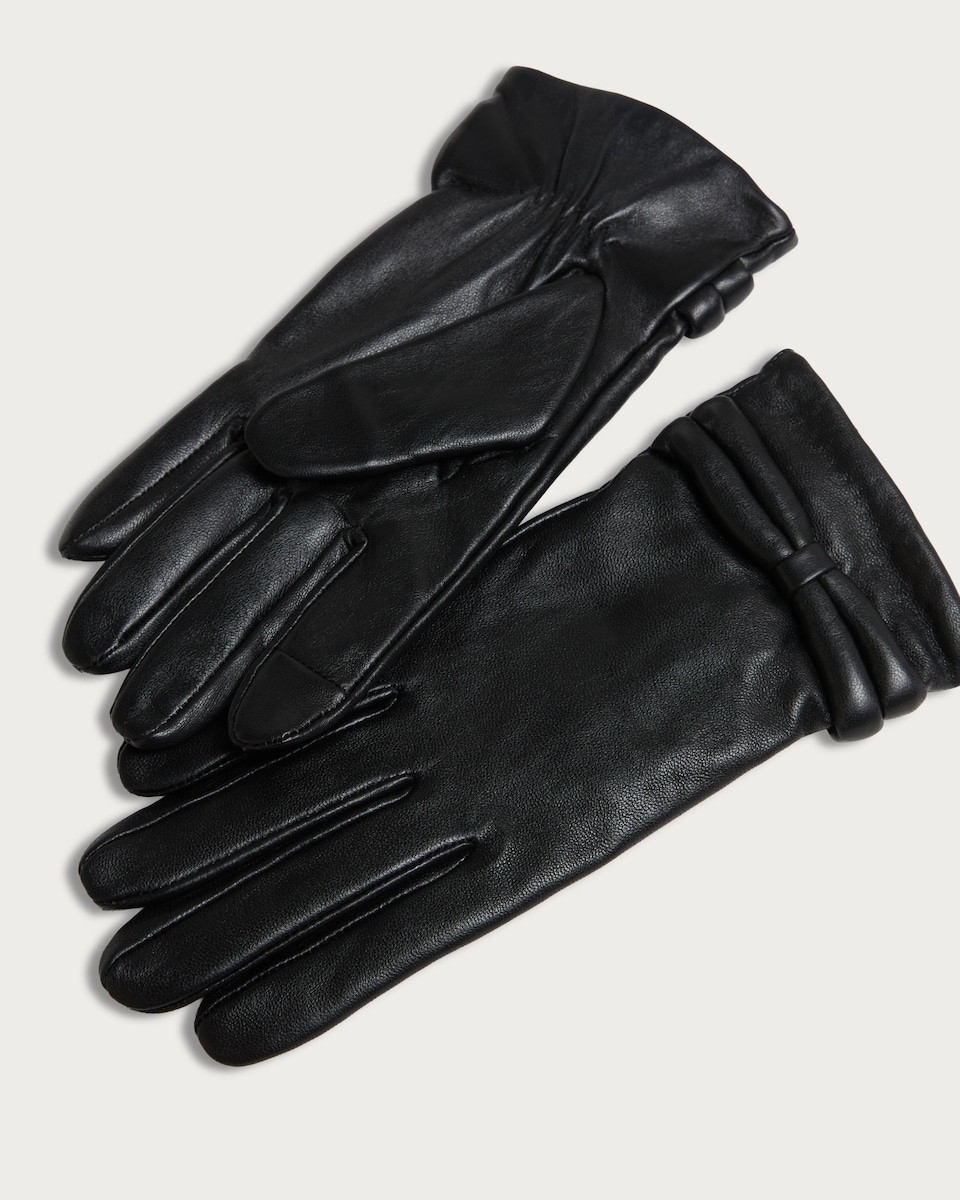 image 1 of F&F Leather Bow Detail Gloves in Black
