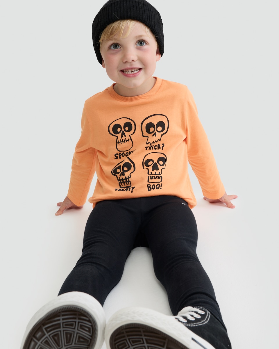 image 1 of F&F Boys Cotton Rich Spooky Skull Print Top and Leggings Set in Orange