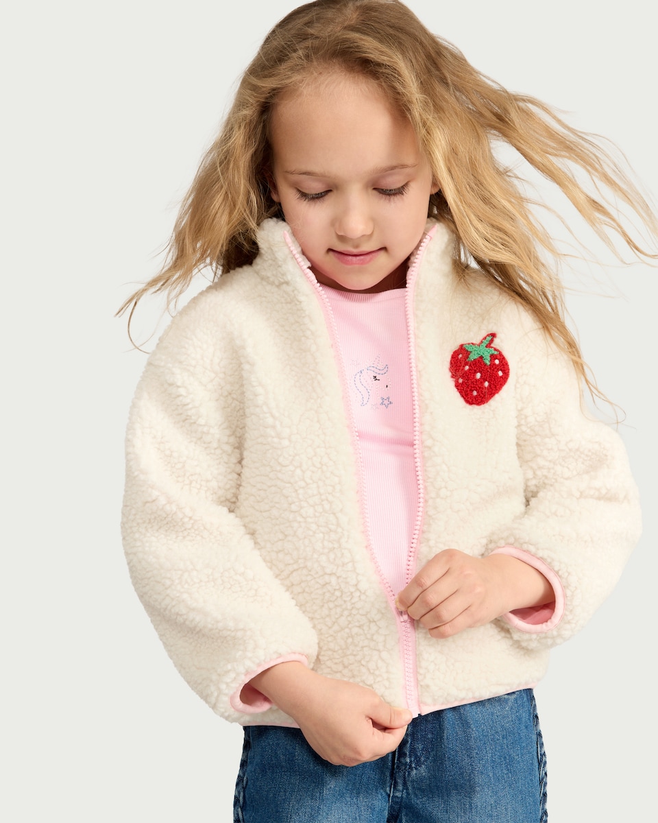 image 1 of F&F Girls Strawberry Fleece Jacket in Cream