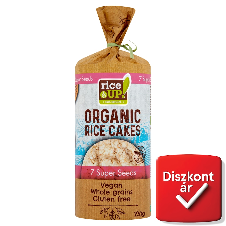 RiceUp! Eat Smart BIO puffasztott teljes kiőrlésű barna rizs szelet szupermagvakkal 120 g  1. kép