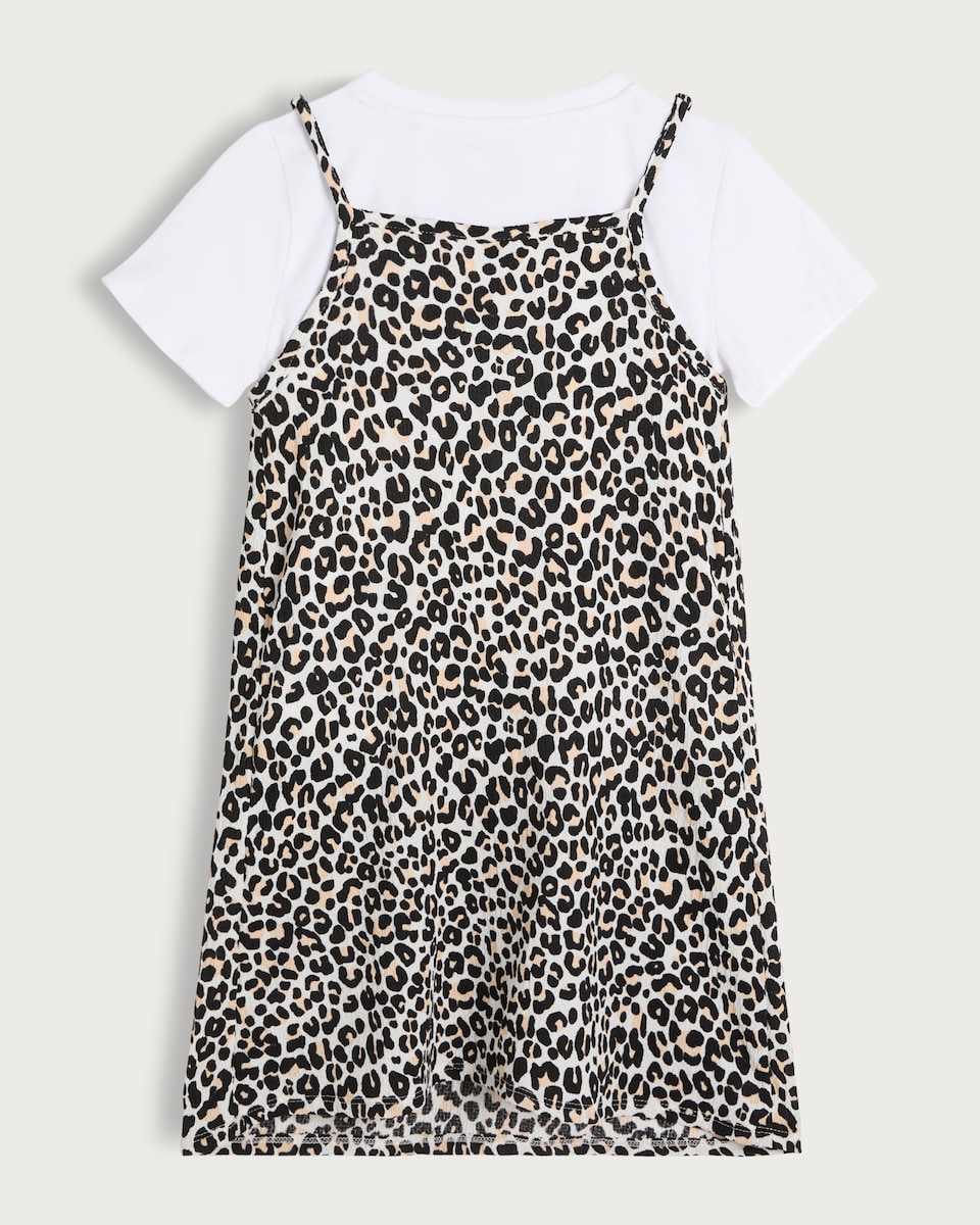 image 1 of F&F Girls Cotton Rich Leopard Print Layered Dress in Multi