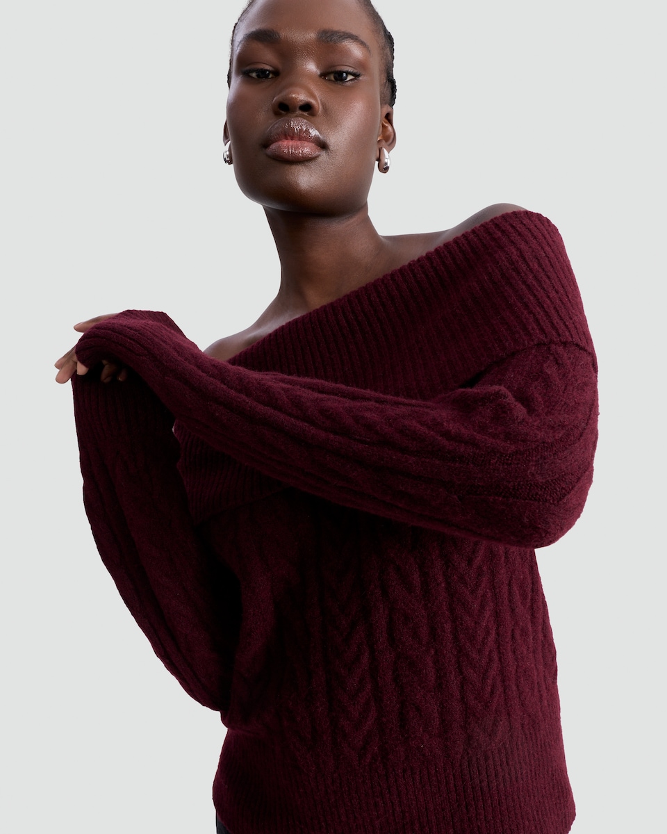 image 1 of F&F Cable Knit Off Shoulder Jumper with Wool in Burgundy
