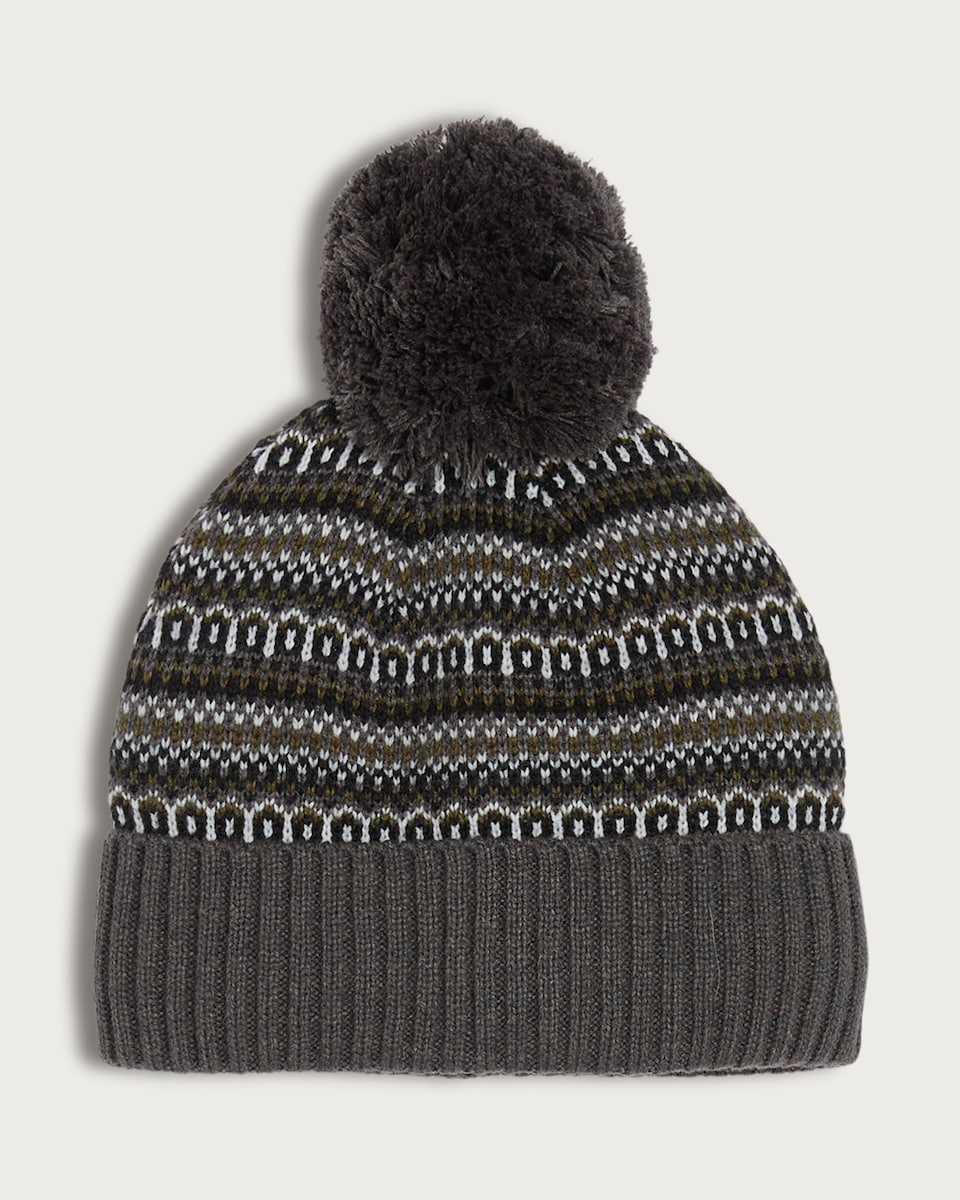 image 1 of F&F Knitted Fair Isle Fleece Lined Pom Pom Beanie in Multi