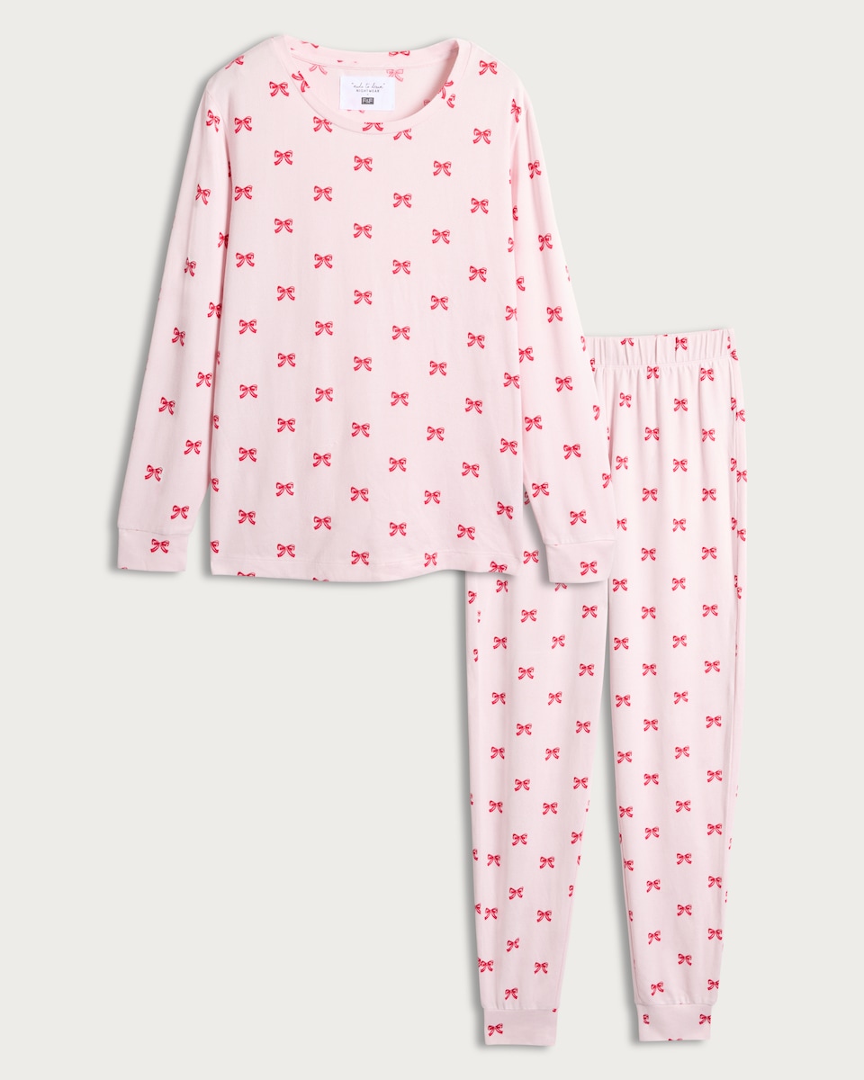 image 1 of F&F Bow Print Top and Cuffed Joggers Pyjamas in Pink