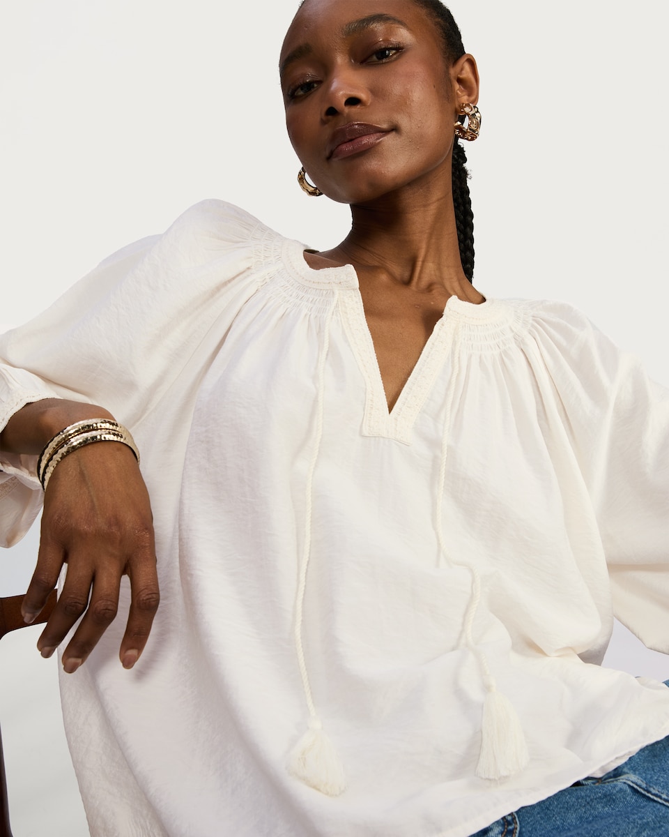image 1 of F&F Textured Tie Neck Balloon Sleeve Blouse in Cream