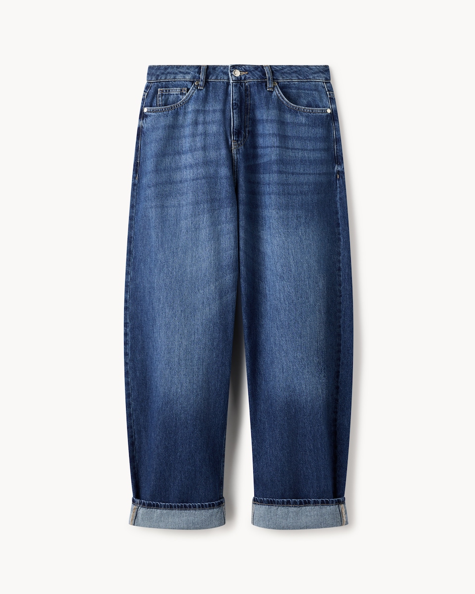 image 1 of F&F High Rise Relaxed Fit Turn Up Jeans in Navy