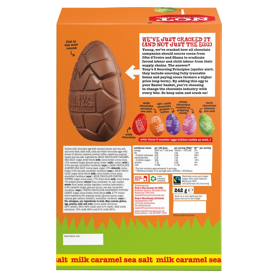 image 1 of Tony's Chocolonely Milk Caramel Sea Salt Easter Egg 242g