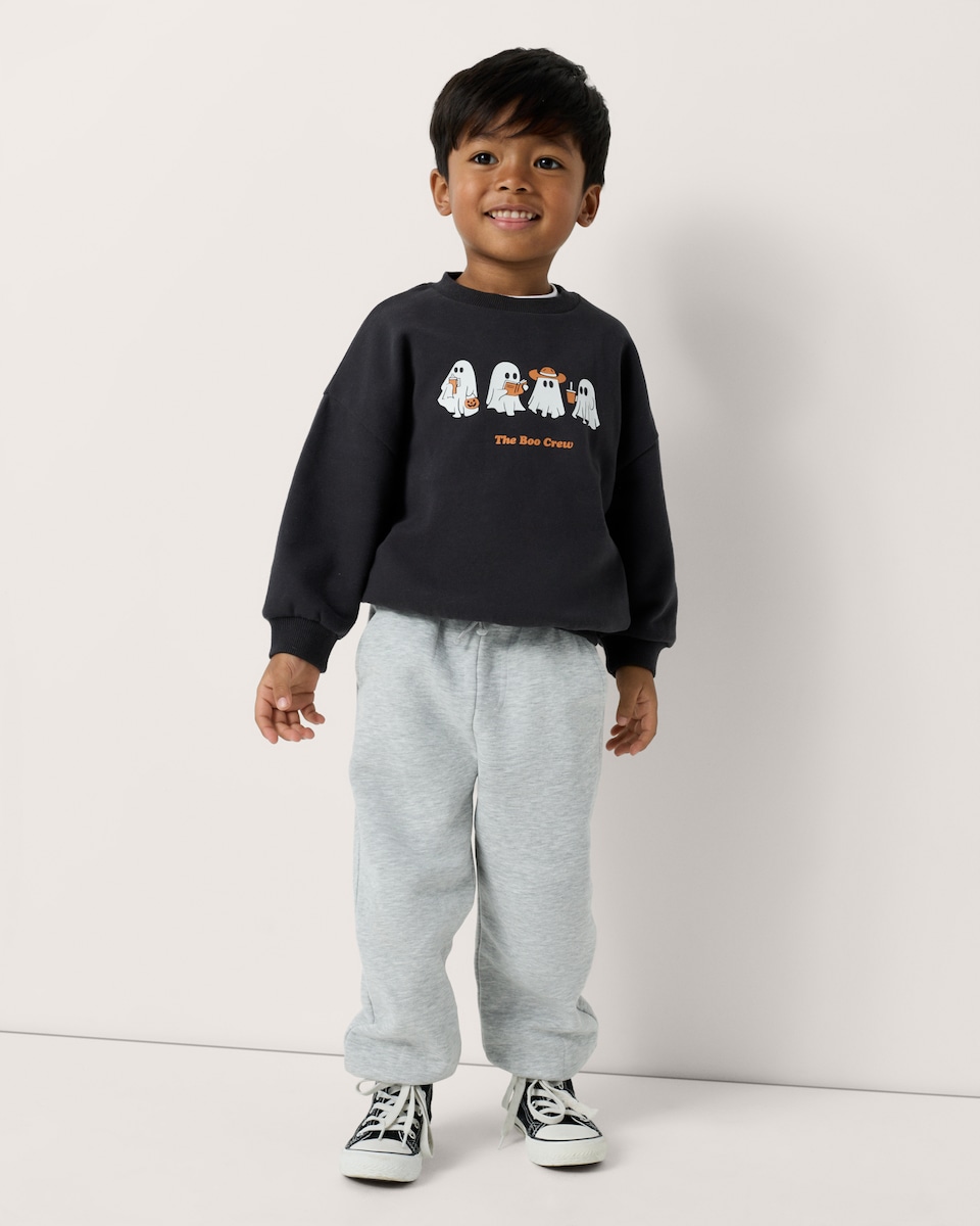 image 1 of F&F Boys Cotton Rich Halloween Boo Crew Sweatshirt in Black