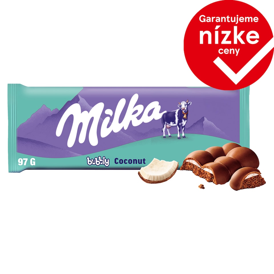 Milka čokoláda Bubbly mliečna z alpského mlieka s kokosovou náplňou, s bublinkami 97 g