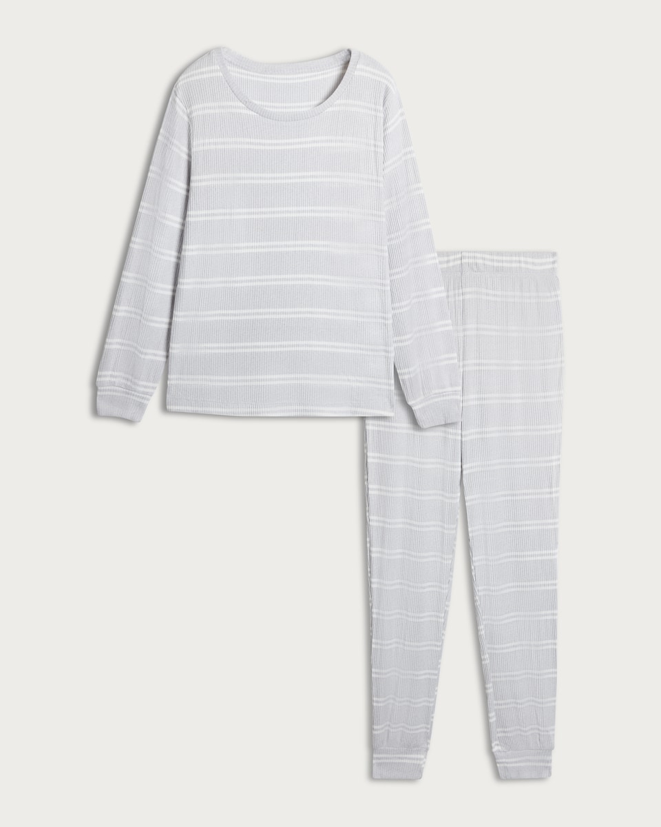 image 1 of F&F Ribbed Stripe Print Long Sleeved Top and Joggers Pyjamas in Grey