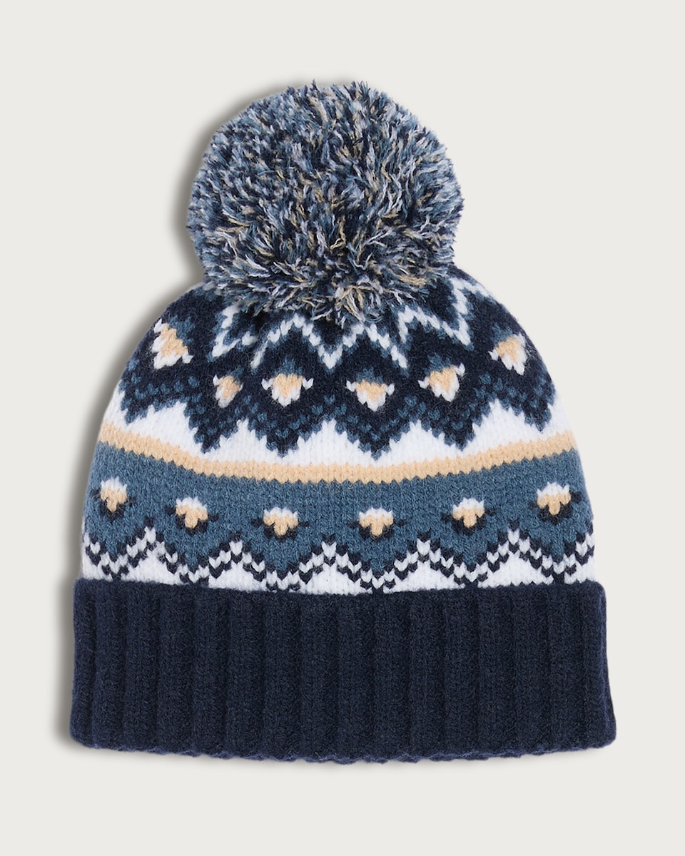 image 1 of F&F Baby Knitted Fair Isle Pattern Pom Pom Beanie Hat in Navy