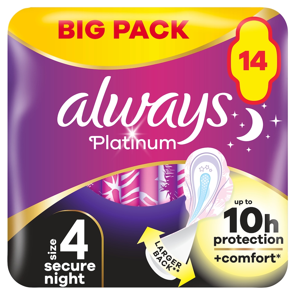image 1 of Always Platinum Secure Night Time Size 4 S/Twls Wings 14