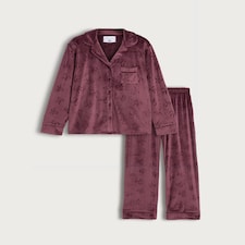 F&F Fleece Textured Bow Print Shirt and Trousers Revere Pyjama Set in Purple