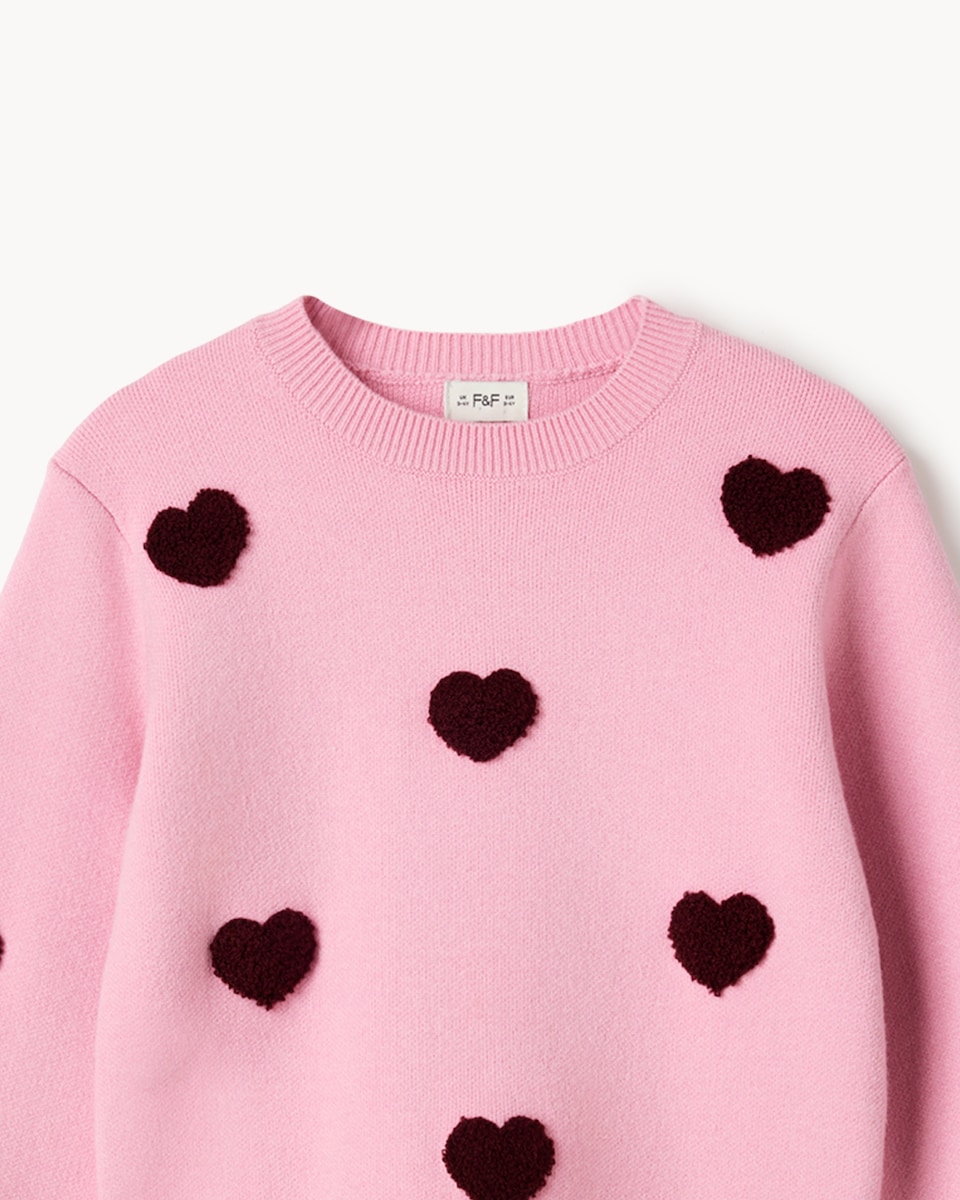 image 1 of F&F Girls Knitted Heart Jumper and Skirt Set in Pink