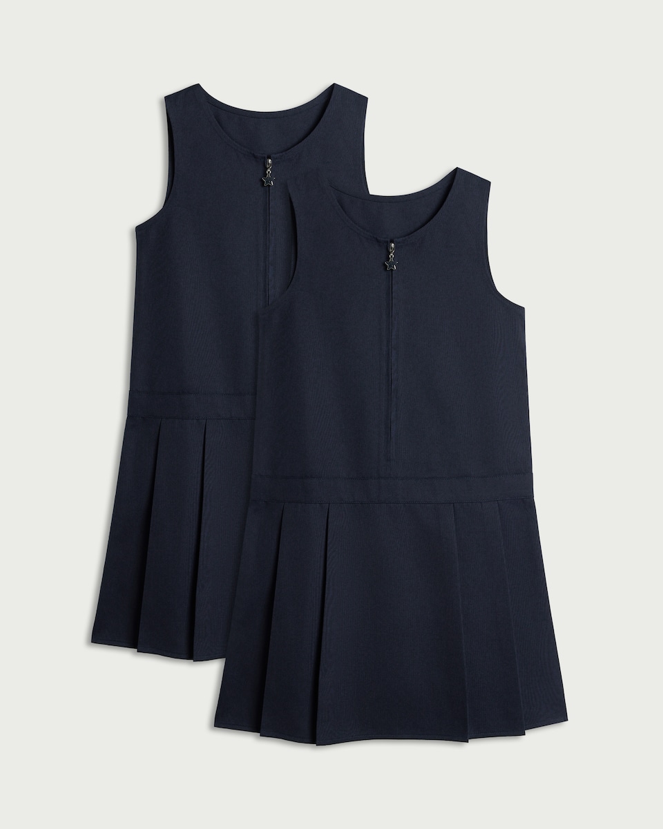 F&F School Girls 2-Pack Regular Fit Pleated Pinafore Dresses in Navy