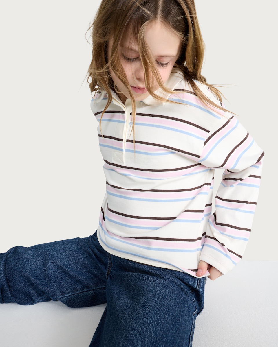 image 1 of F&F Girls Pure Cotton Stripe Print Long Sleeved Rugby Top in Brown