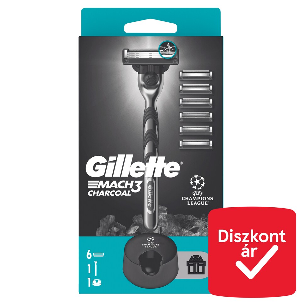 image 1 of UEFA Champions League Special Edition Gillette Mach3 Charcoal Razor for Men, 6 Razor Blade Refills
