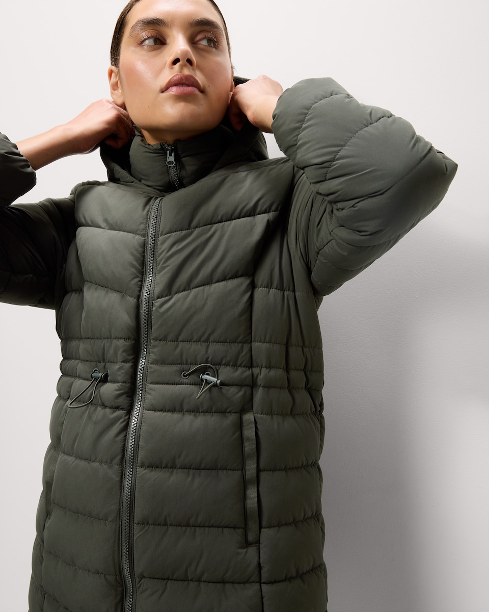 image 1 of F&F Shower Resistant Padded Hooded Longline Coat in Khaki