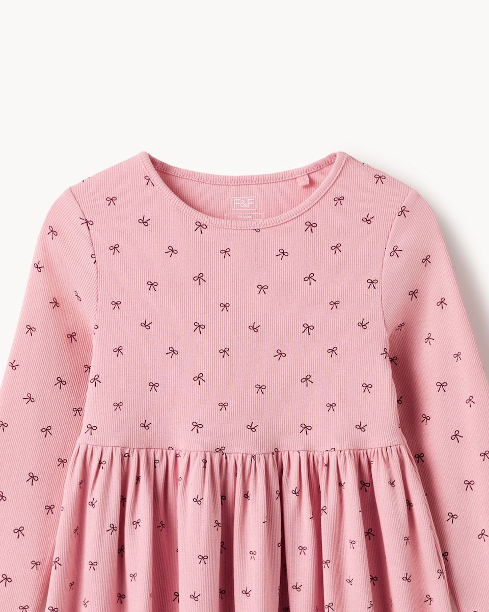 image 1 of F&F Girls Cotton Rich Ribbed Bow Print Dress in Pink