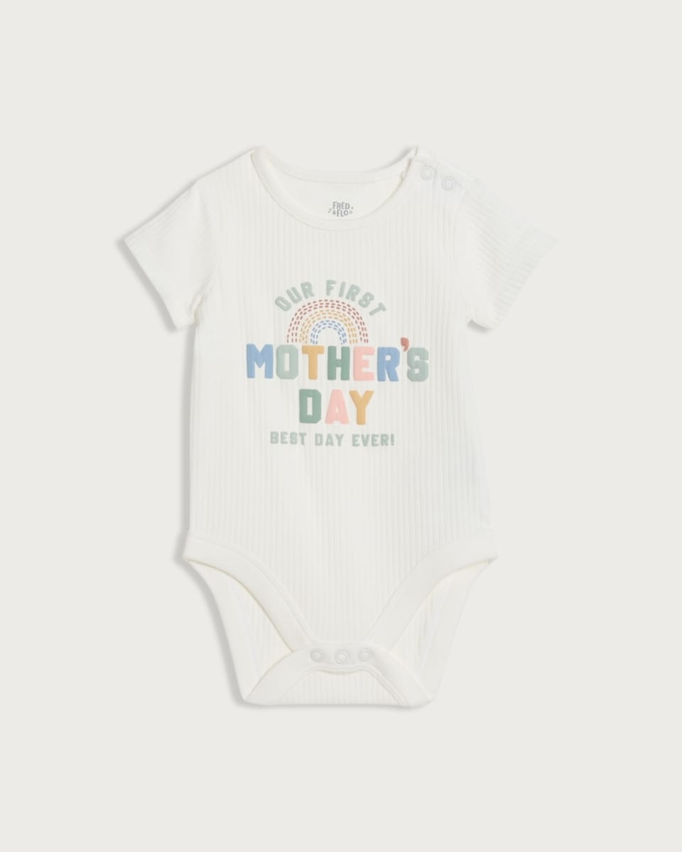 F&F Baby Cotton Rich Our First Mother's Day Short Sleeved Bodysuit in White
