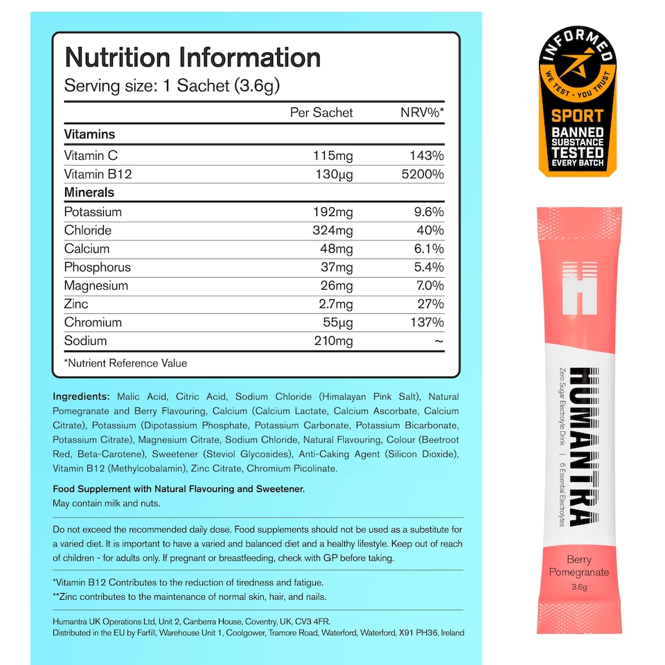 image 1 of Humantra Berry Pomegranate Zero Sugar Electrolyte Drink 6 x 3.6g Sachets